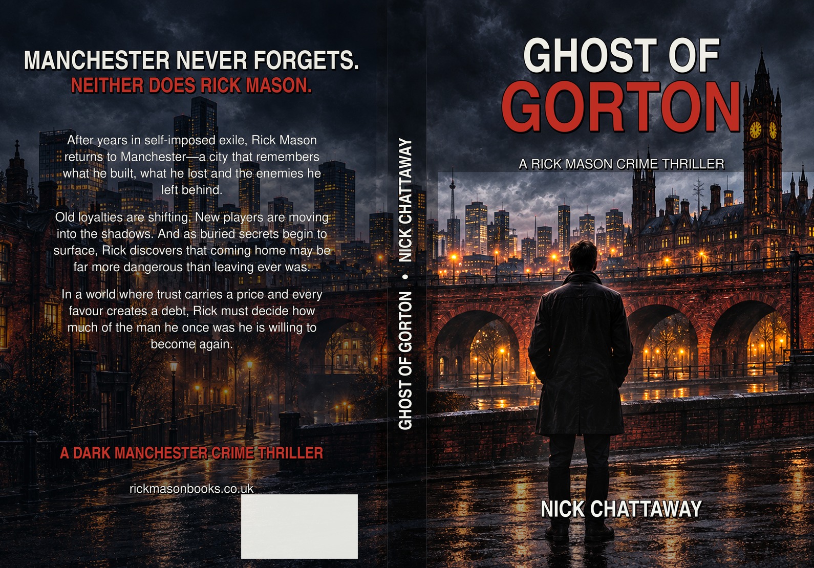 Updated Ghost of Gorton cover by Nick Chattaway, with Rick overlooking Manchester at night